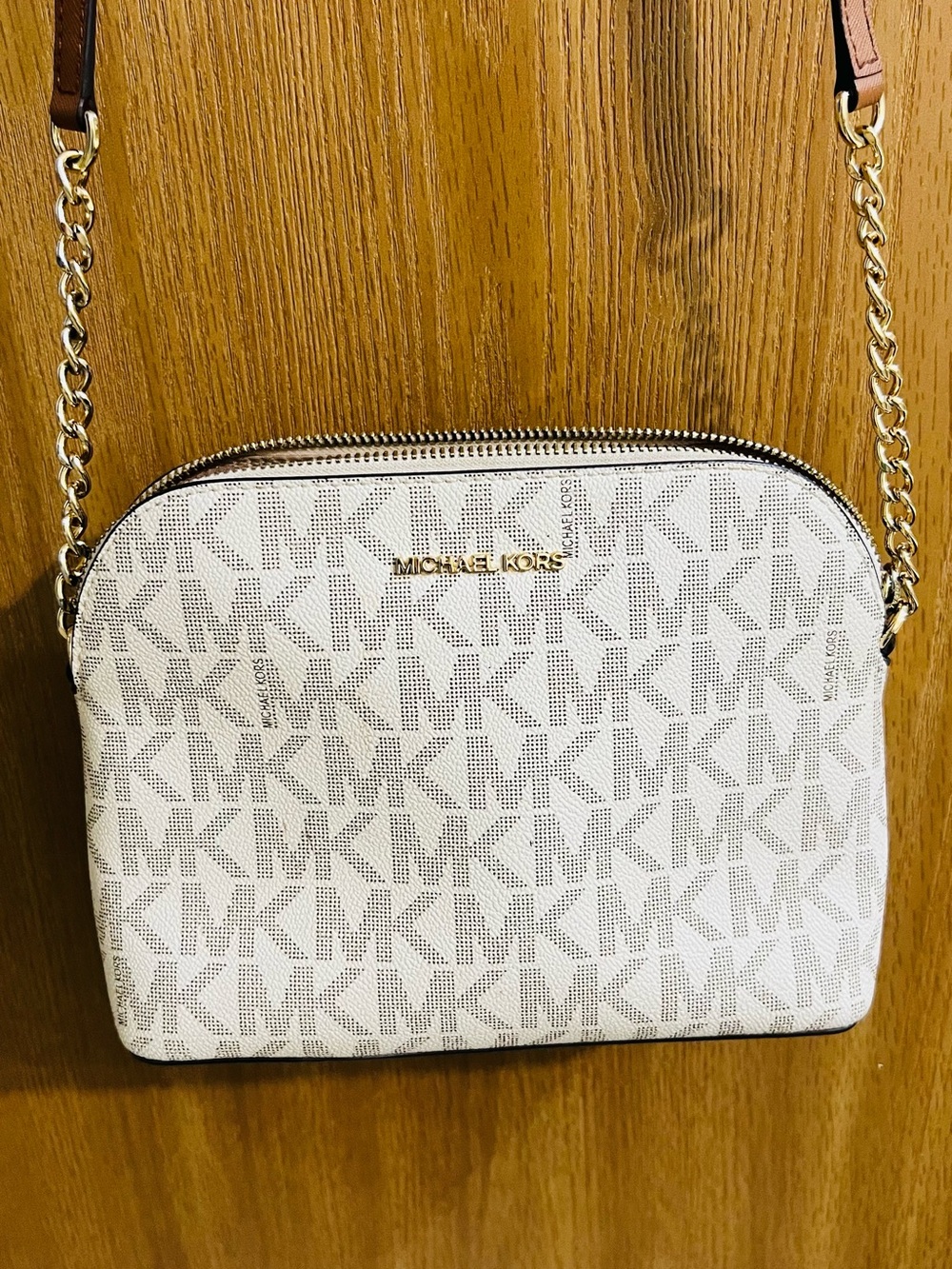 Michael Kors White Logo Crossbody with Gold Chain and Tan Leather Trim